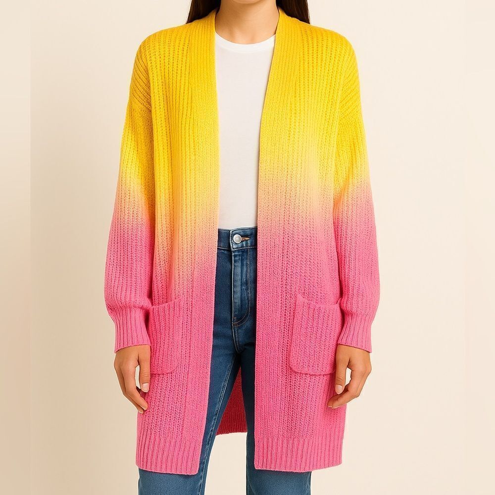 Anthropologie Amadi Colorful Pink Yellow Ombre Chunky Knit Cardigan Sweater